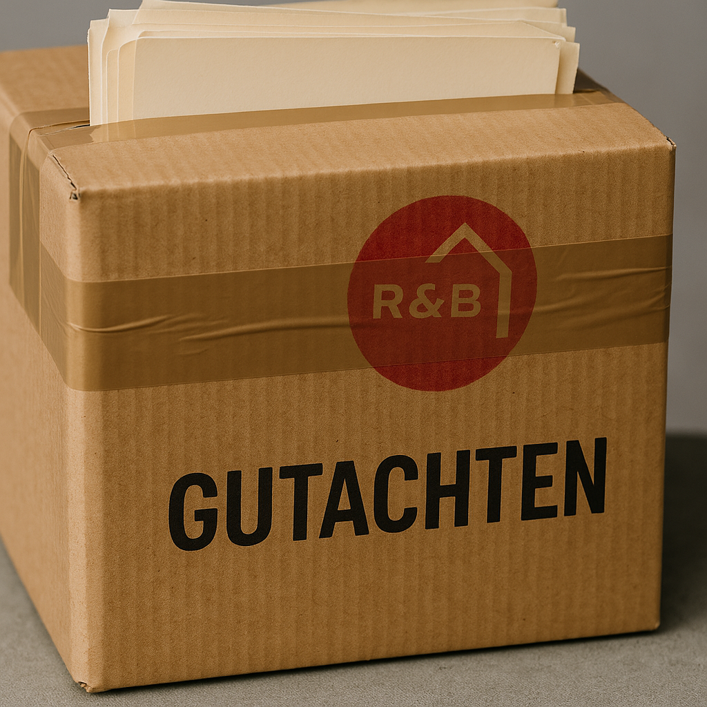 Umzugskarton mit der Aufschrift "Gutachten", beklebt mit Paketband und Akten, die oben herausschauen